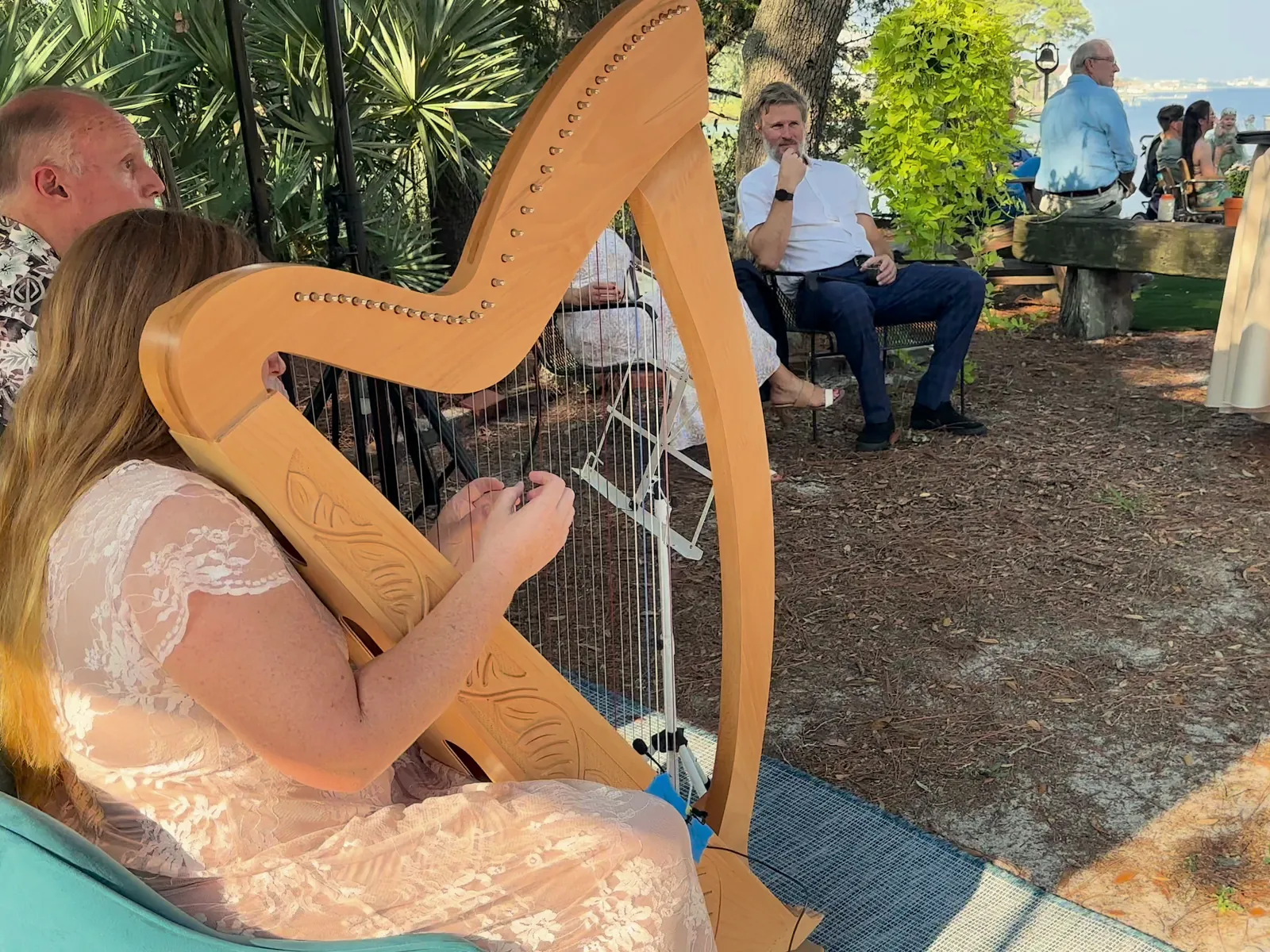 Over Hilary Turner's shoulder: her carved harp, a guest listening, and the bay beyond.